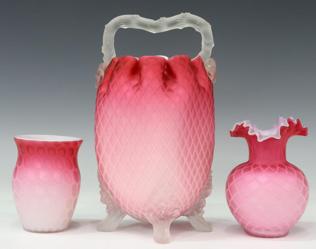 (3) VICTORIAN MOP PINK SATIN CASED ART GLASS ITEMS (1 of 3)