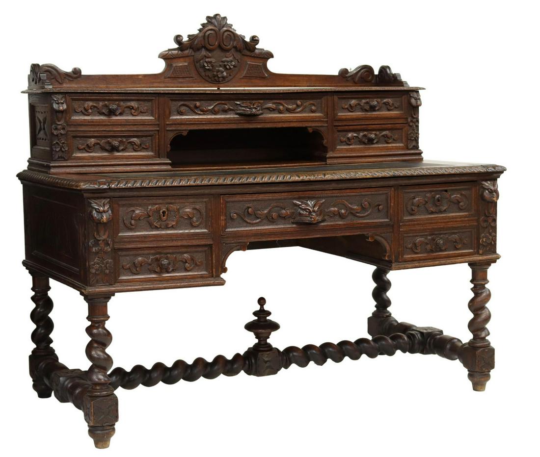 FRENCH HENRI II STYLE CARVED OAK WRITING DESK (1 of 5)