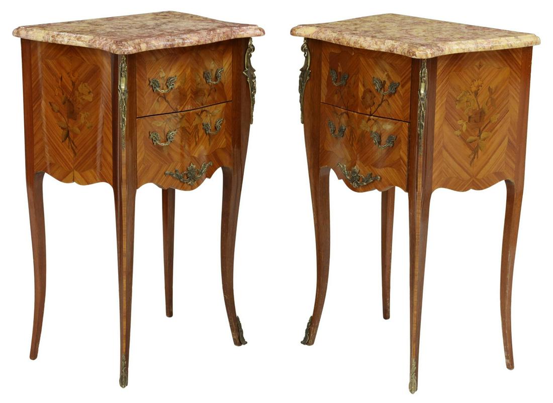 (2) FRENCH LOUIS XV STYLE MARBLE-TOP NIGHTSTANDS: (pair) French Louis XV style marble-top nightstands, 20th c., mahogany case with floral marquetry, two drawers, rising on cabriole legs, ending in front sabots, approx 29"h, 18"w, 12.5"d Start Price: 