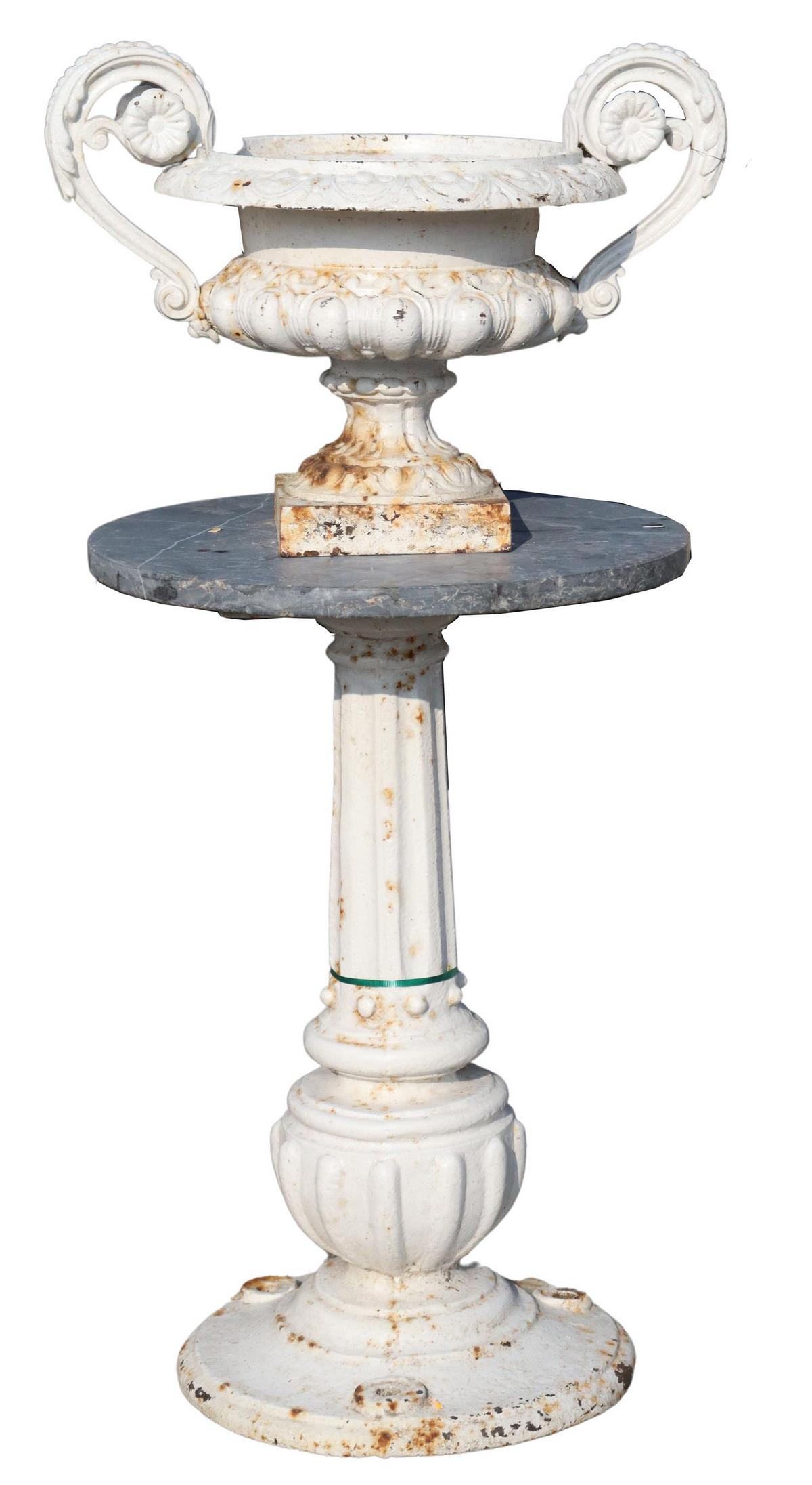 (LOT) CAST IRON PLANTER ON GRANITE-TOP STAND (1 of 2)