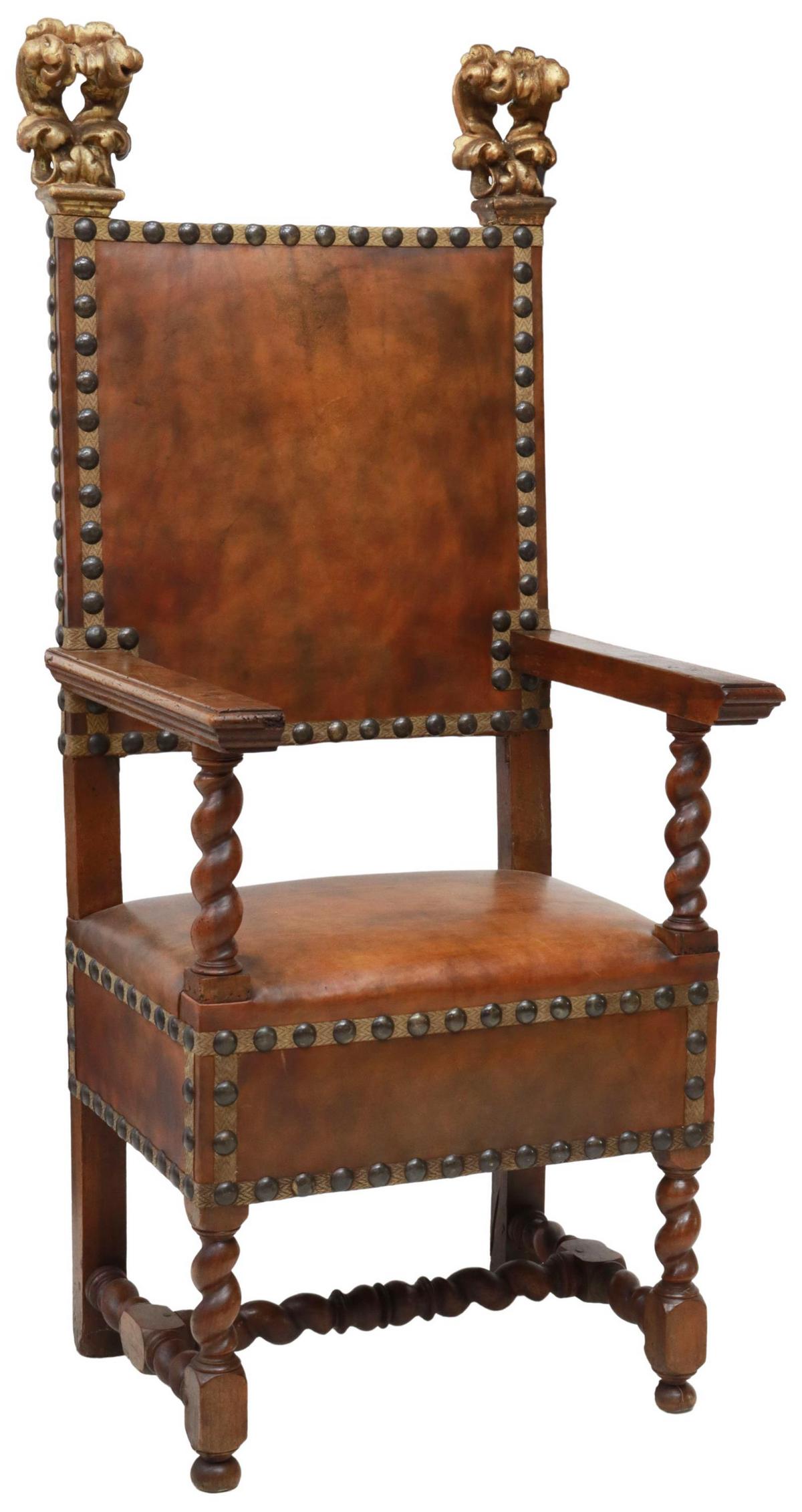 ITALIAN BAROQUE STYLE WALNUT LEATHER THRONE CHAIR (1 of 3)