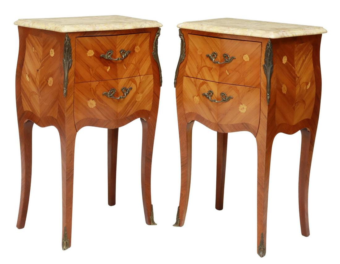 (2) FRENCH LOUIS XV STYLE MARBLE-TOP NIGHTSTANDS: (pair) French Louis XV style marble-top nightstands, 20th c., mahogany case with floral marquetry, two drawers, rising on cabriole legs, ending in front sabots, approx 27.5"h, 17"w, 11.75"d Start Pric