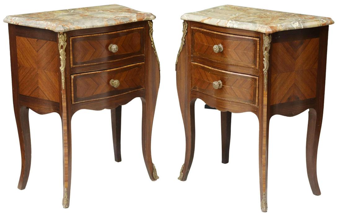 (2) ITALIAN LOUIS XV STYLE MARBLE-TOP NIGHTSTANDS: (pair) Italian Louis XV style rosewood nightstands, 20th c., having shaped marble top, over matched veneer case, fitted with two drawers, accented with gilt metal mounts and pulls, rising on cabriole 