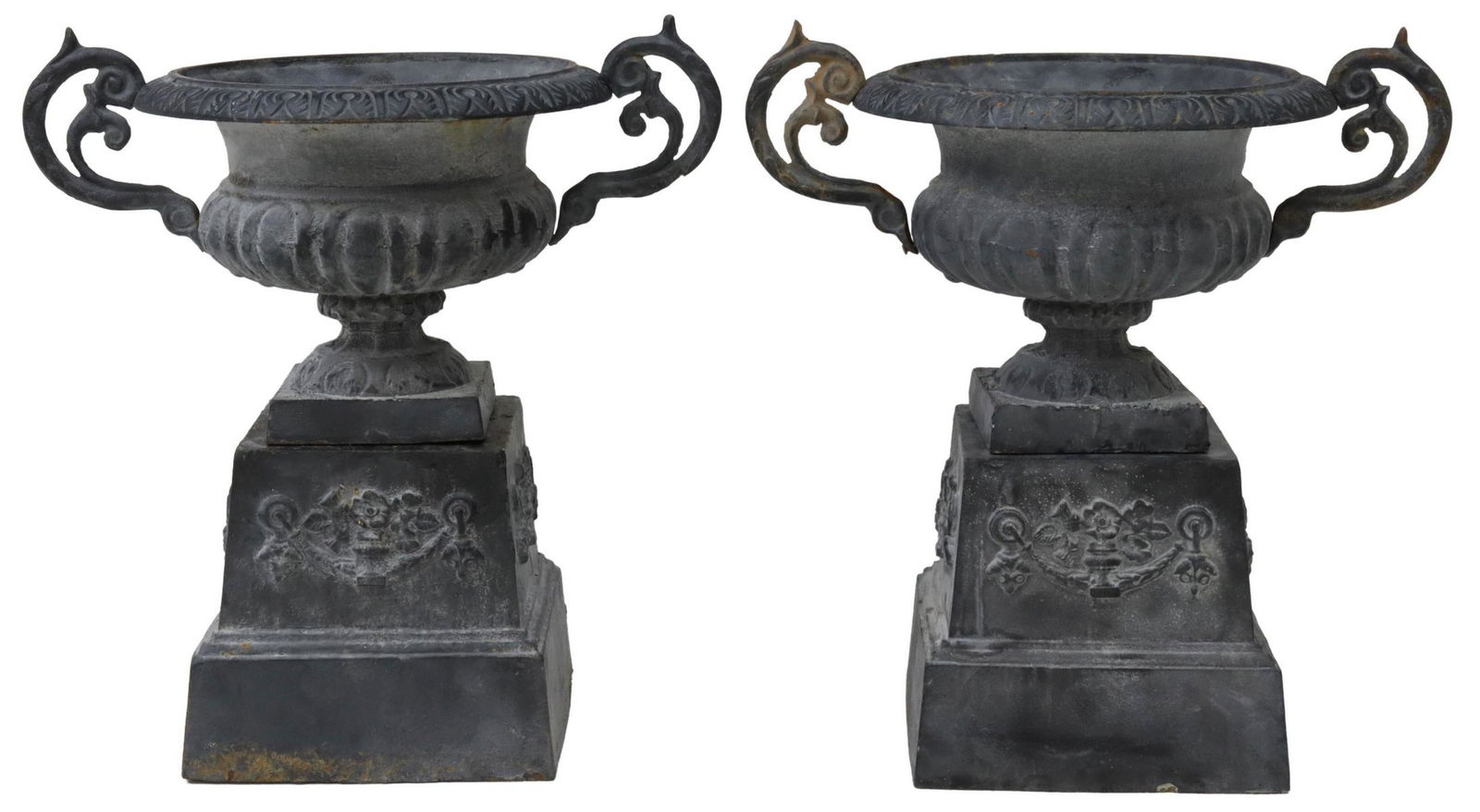 (2) LARGE CAST IRON GARDEN URNS ON PEDESTAL BASE (1 of 3)