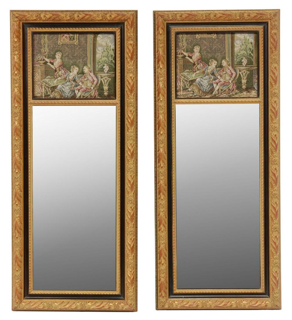 (2) PARCEL GILT & TAPESTRY TRUMEAU MIRRORS: (pair) Trumeau mirrors, late 20th c., rectangular parcel gilt and painted composite frame, featuring running foliate motif modeled in relief, centering woven jacquard tapestry with figural courtier sc