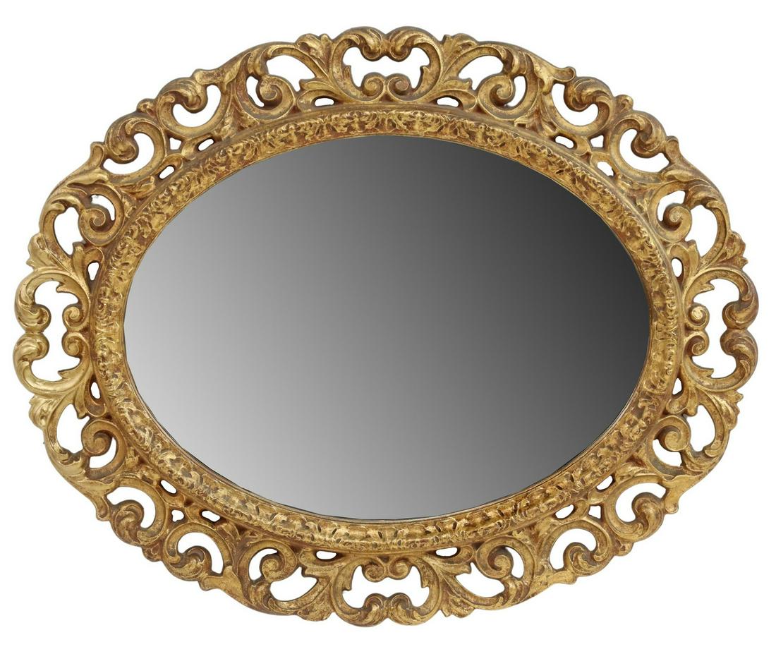 ITALIAN BAROQUE STYLE GILTWOOD OVAL BEVELED MIRROR (1 of 3)