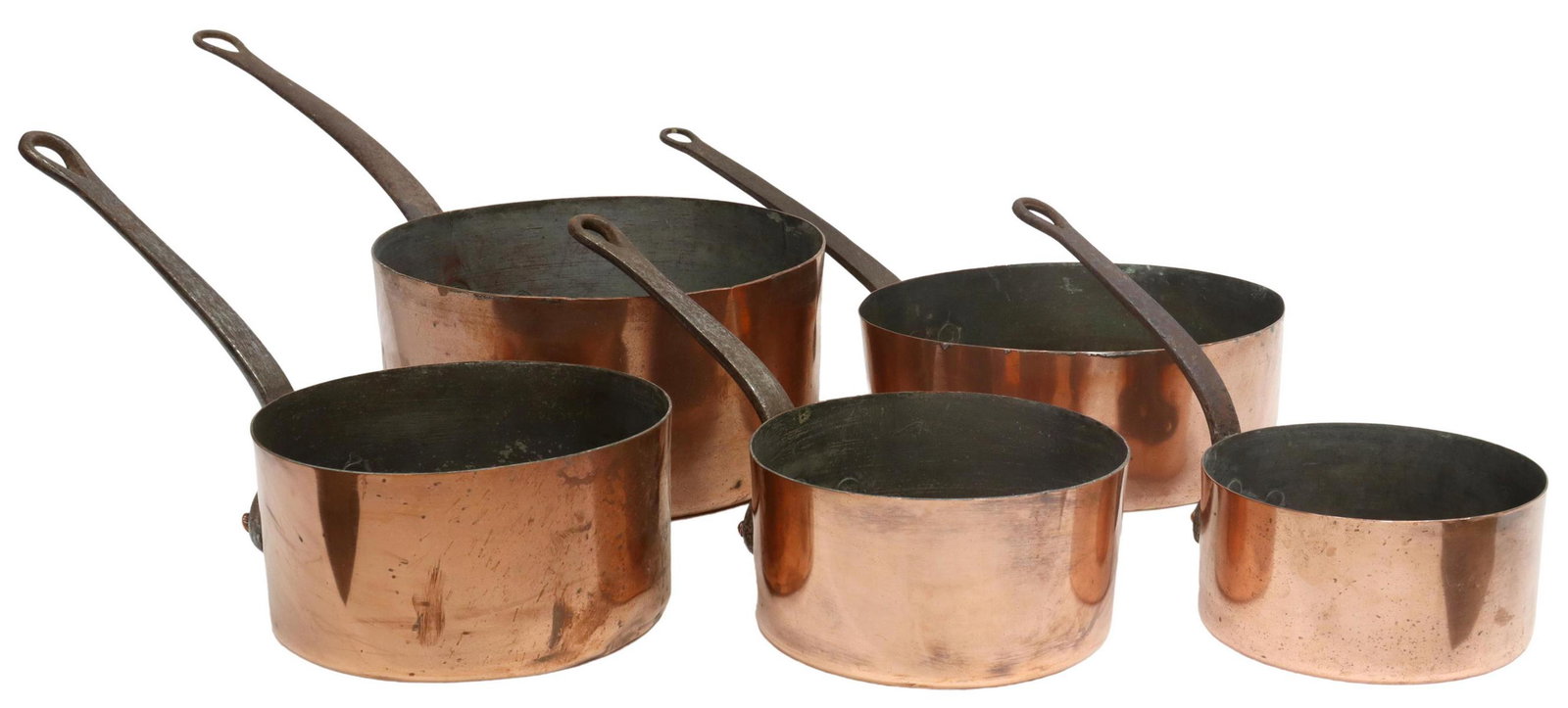 (5) FRENCH COPPER GRADUATED SAUCEPANS: (lot of 5) French copper graduated saucepans, each with long iron handle, largest: approx 9.5"h, 20.5"w, 11"diam; 16.75lbs total Start Price: $150.00