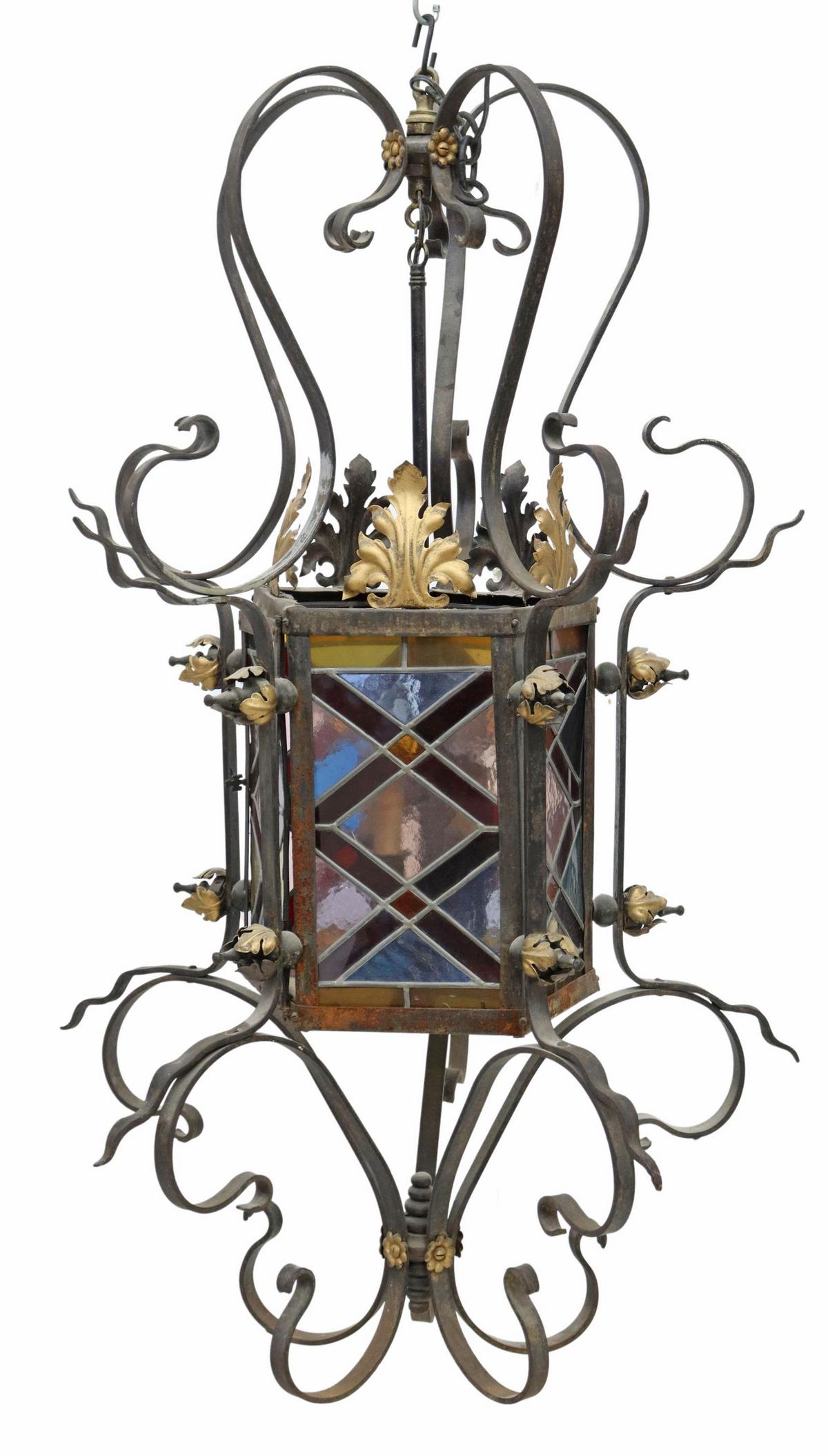 WROUGHT IRON STAINED-GLASS HANGING HALL LANTERN (1 of 3)