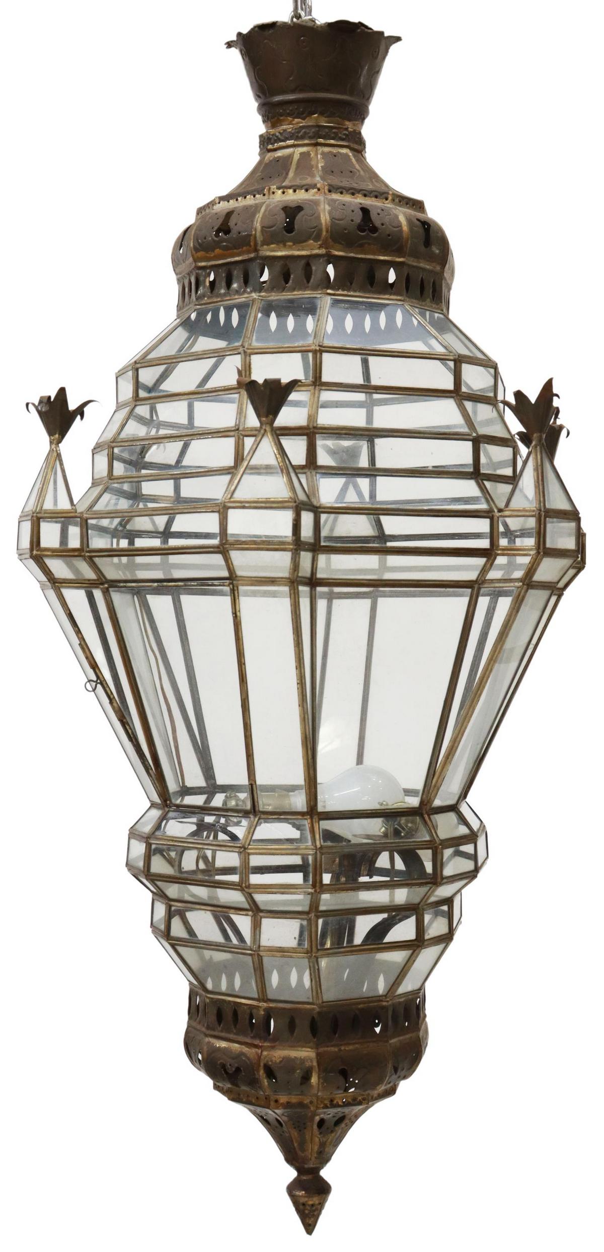METAL & GLASS THREE-LIGHT HANGING LANTERN (1 of 2)
