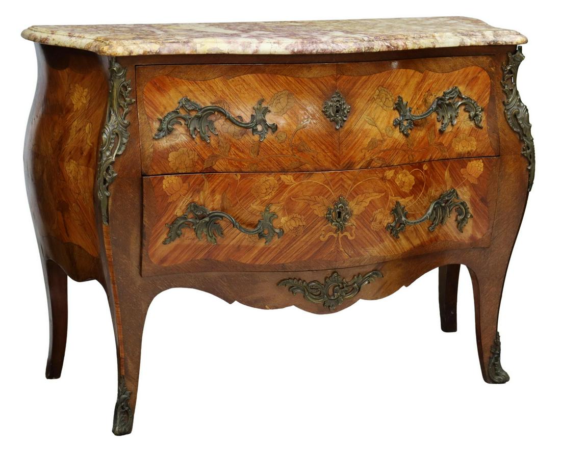 LOUIS XV STYLE MARBLE-TOP MARQUETRY BOMBE COMMODE (1 of 5)