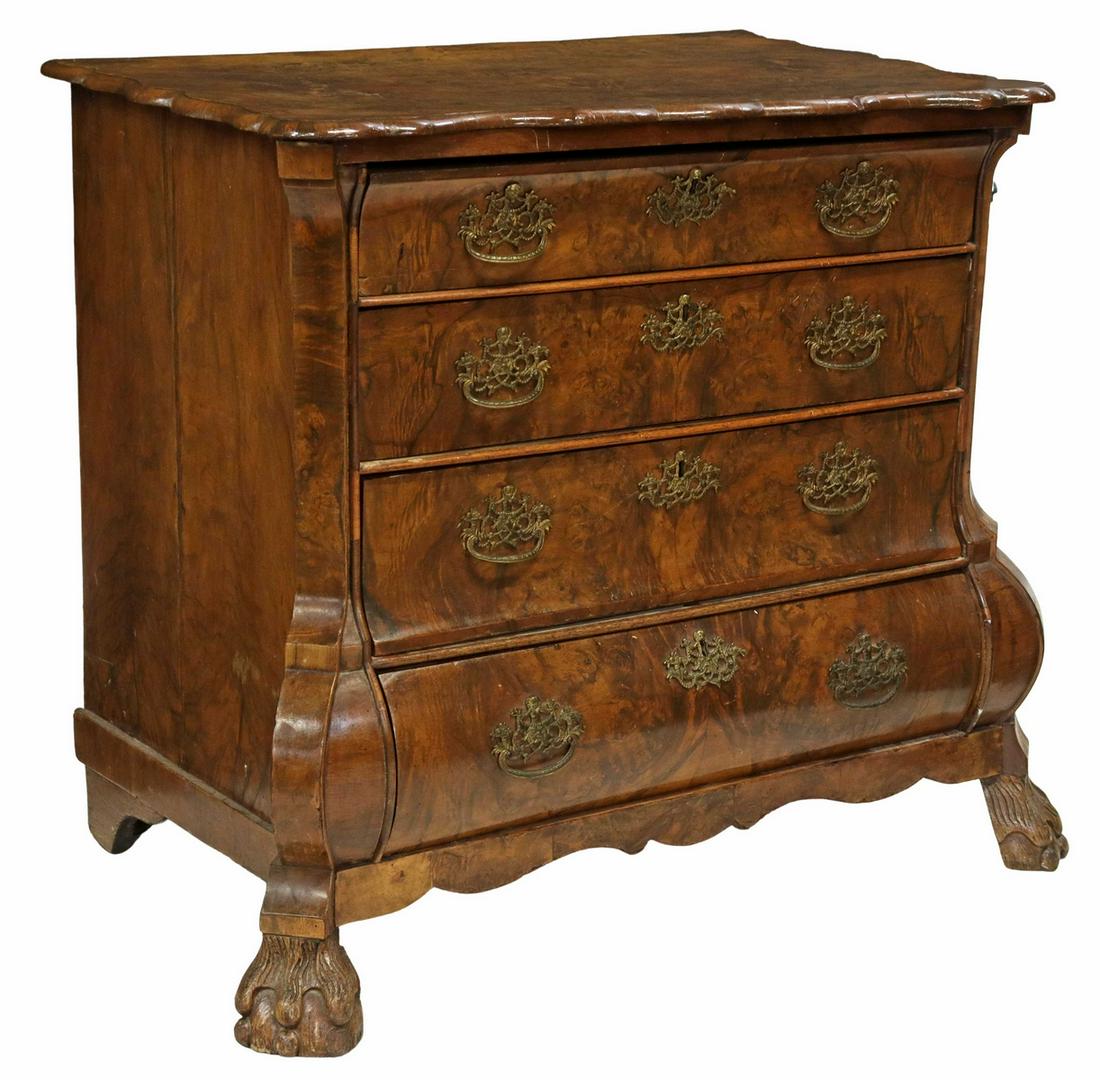 DUTCH BURLWOOD 4-DRAWER BOMBE COMMODE, 18TH C. (1 of 5)