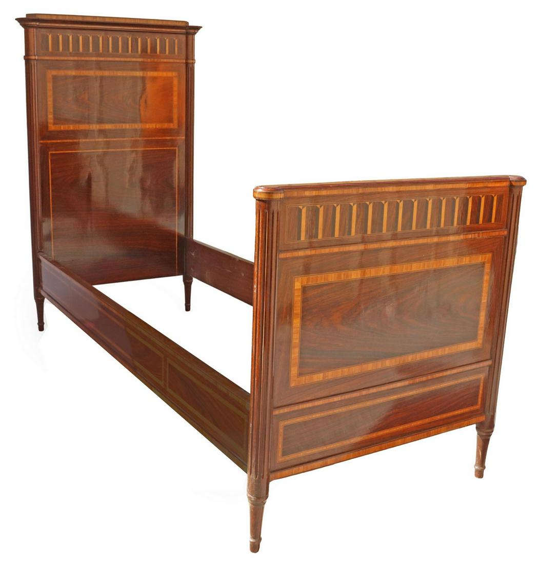 LOUIS XVI STYLE BANDED ROSEWOOD BED: Louis XVI style rosewood bed, early 20th c., headboard and footboard with parquetry frieze, joined by rails with contrasting banding, fluted corner posts continuing to tapered legs, exterior: approx 6