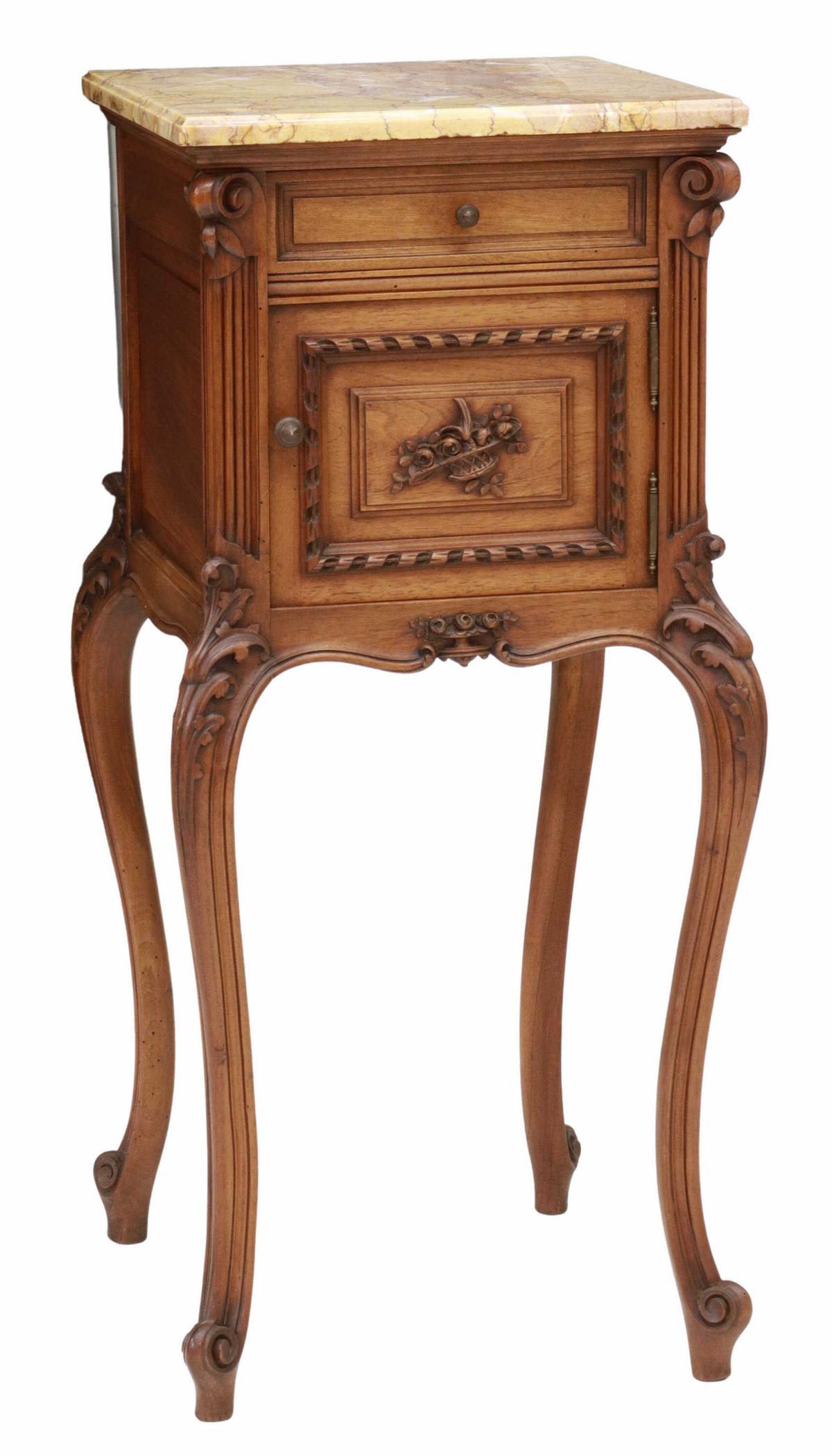 FRENCH LOUIS XV STYLE MARBLE-TOP WALNUT NIGHTSTAND (1 of 6)