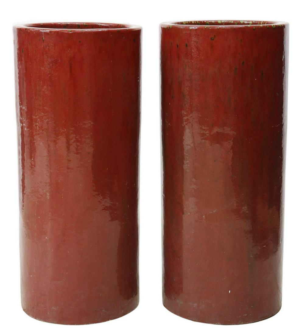 (2) ARCHITECTURAL TALL RED-GLAZED CERAMIC PLANTERS (1 of 3)