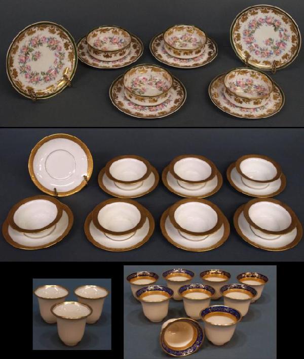 GILT HAVILAND LIMOGES & LENNOX PORCELAIN TABLEWARE: (lot of 37) Assorted porcelain tableware: Haviland & Co. Limoges, France, (4) ramekins and (6) underplates, each heavily gilded and decorated in a rose motif, saucer: 5.25"diam; French porcelain, (7) 