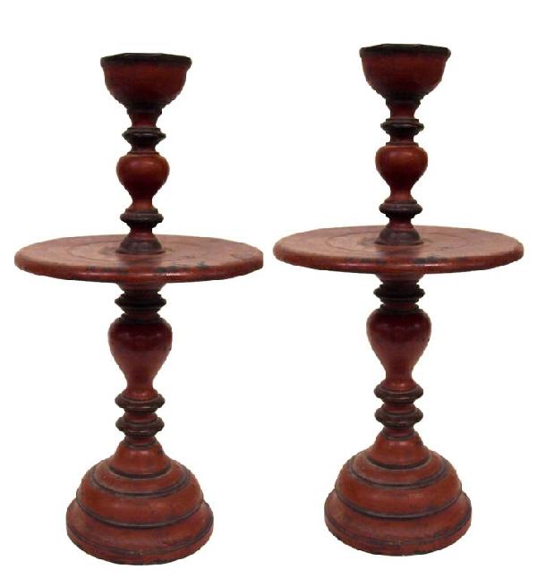(PAIR) ANTIQUE FRENCH COLONIAL WOOD CANDLE STANDS: (pair) French Colonial wood candle stands, early 20th c., each turned standard with circular tier at center, red paint, 19.5"h, 9.5"d, 5.5lbs total