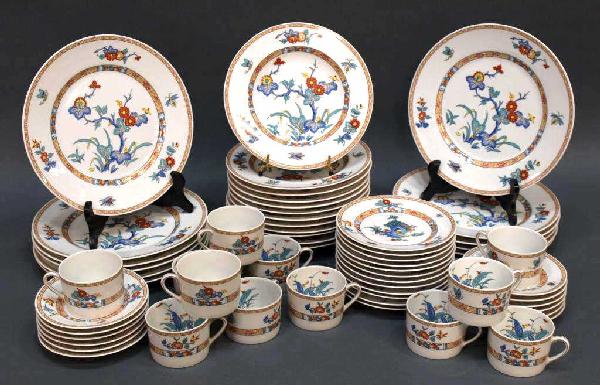 BERNARDAUD LIMOGES FRANCE PORCELAIN DINNER SERVICE: French porcelain dinner service for twelve, Bernardaud Limoges, the 'Pak Hoi' pattern, comprising: (12) dinner plates, 10"diam; (12) soup bowls, 8.75"diam; (12) dessert plates, 6.5"diam; (12) cups wit