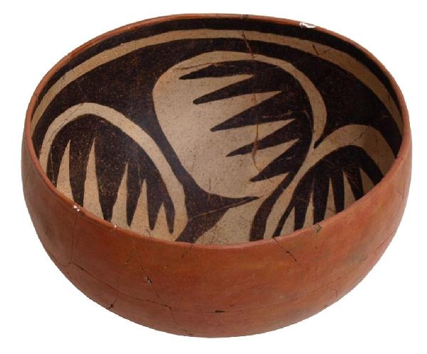 AMERICAN INDIAN BOWL, GILA, C.1200-1350 AD: Southwest American Indian bowl, Gila, Arizona, c. 1200-1350 AD, polychrome decoration, intact with overall glue restoration, accompanied by a "Statement of Release and Disclosure" dated 2004 from Clai
