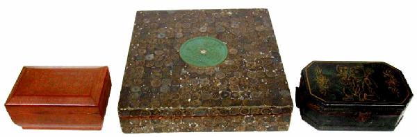 LOT SOUTHEAST ASIAN BOXES, DONG COIN BOX: (lot of 3) Southeast Asian decorative boxes, Vietnam, including (1) box of encrusted with Dong coins, central decoration in green, mother-of-pearl accents, (1) parcel gilt red lacquer box with interio