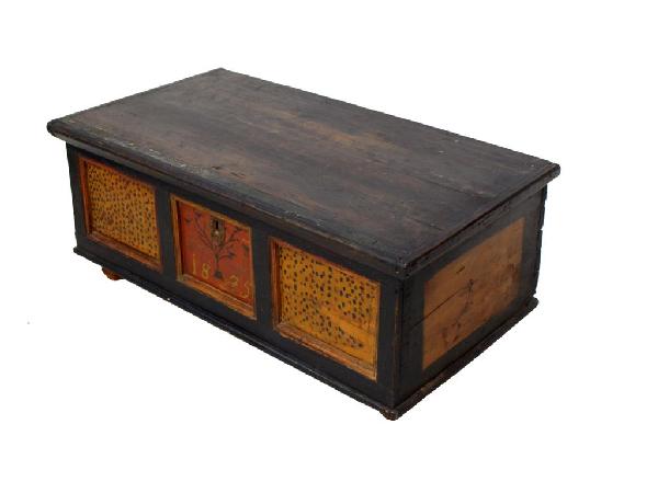 ANTIQUE HUNGARIAN POLYCHROME STORAGE CHEST: Hungarian polychrome decorated pine trunk, the facade showing stylized decoration on two panels, central panel dated 1875 and painted with birds and a tree, interior compartment, rising on petite feet