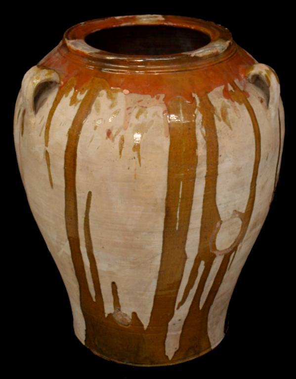 ANTIQUE MIRAVET SPAIN EARTHENWARE OLIVE OIL JAR: Spanish earthenware olive oil jar, Miravet, early 20th c., three looped handles join the body with a partial drip glaze, 24"h, 18"d, 36lbs