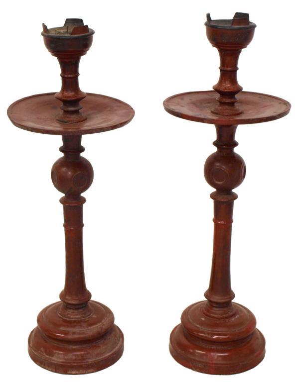 (PAIR) LARGE FRENCH COLONIAL WOOD CANDLE STANDS: (pair) French Colonial wood candle stands, early 20th c., each turned standard with circular tier at center, red paint, 35.75"h, 12"d, 20.5lbs total