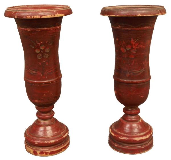(PAIR) FRENCH COLONIAL CAMPANA FORM WOOD URNS: (pair) French Colonial campana form wood urns, each having faded foliate decoration on red ground, 11.5"h, 5"d, 2lbs total