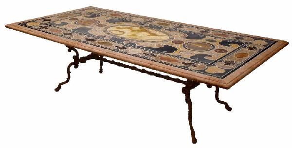 LARGE 19TH C. ITALIAN PIETRA DURA TOP & IRON TABLE: Magnificent Italian Pietra Dura table top, 19th c., the oversized rectangular top having a molded edge inlaid with various stone, intact with some age fractures, supported on a later, fancy iron base,