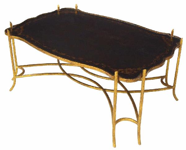 DESIGNER DENNIS & LEEN GILT CHINOISERIE TRAY TABLE: Designer Dennis & Leen chinoiserie coffee table, the parcel gilt tray top in an antiqued lacquer finish with trailing foliate decoration resting on a gilt metal naturalistic twig base, 22.5"h, 50"w, 3