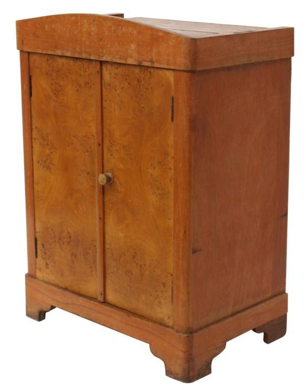 DIMINUTIVE BIEDERMEIER BIRDSEYE MAPLE CABINET: Diminutive Biedermeier cabinet, 19th c., possibly a salesman's sample, the two-door case of poplar and birdseye maple, rising on bracket feet, one interior shelf, 22"h, 16"w, 18"d, 10lbs