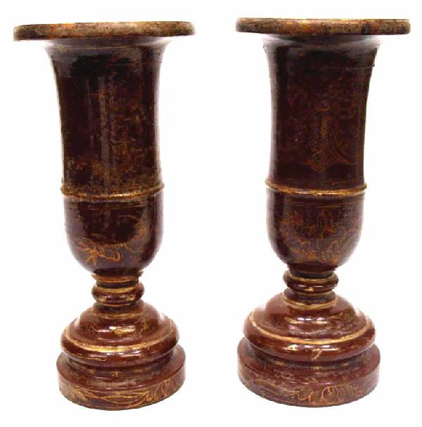 (PAIR) FRENCH COLONIAL PARCEL GILT WOOD URNS: (pair) French Colonial campana form wood urns, each having foliated gilt decoration on red ground, 11.5", 5.25"d, 2.5lbs total