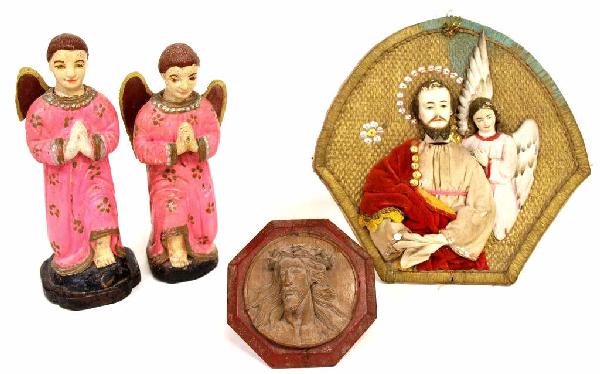 COLLECTION FRENCH COLONIAL ANTIQUE RELIGIOUS ITEMS: (lot of 4) Collection of French Colonial religious items comprising: (2) polychrome decorated carved wood angels, kneeling in prayer, one lacking wing, 8.5"h; (1) woven wall hanging, Jesus and Angel,