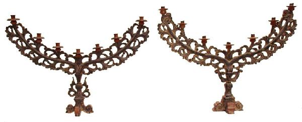 (PAIR) ANTIQUE RELIGIOUS ALTAR CANDELABRAS: (pair) French Colonial carved wood altar lights, early 20th c., each pierce carved candelabrum of foliated form holding seven lights, varied size, 20.7"h, 31"w, 7"d, 4lbs total