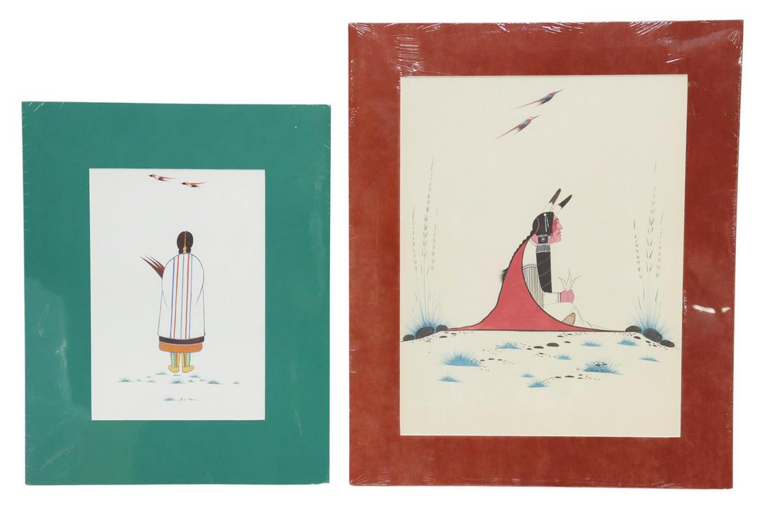 (2) WOODY BIG BOW (D.1988) KIOWA GOUACHE PAINTINGS (1 of 4)