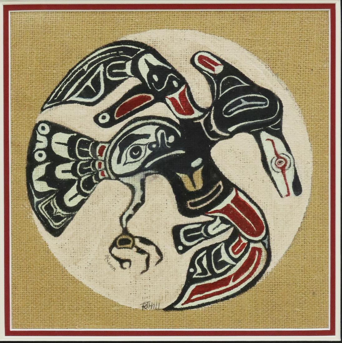 NORTHWEST COAST RAVEN PAINTING ON BURLAP: Framed Pacific Northwest Coast acrylic on burlap painting, "Raven," signed lower center PJ Hill, sight: approx 11.25"h, 11.25"w overall: approx 22.25"h, 22.25"w, 6.5lbs **Provenance: Liquidation of Ko