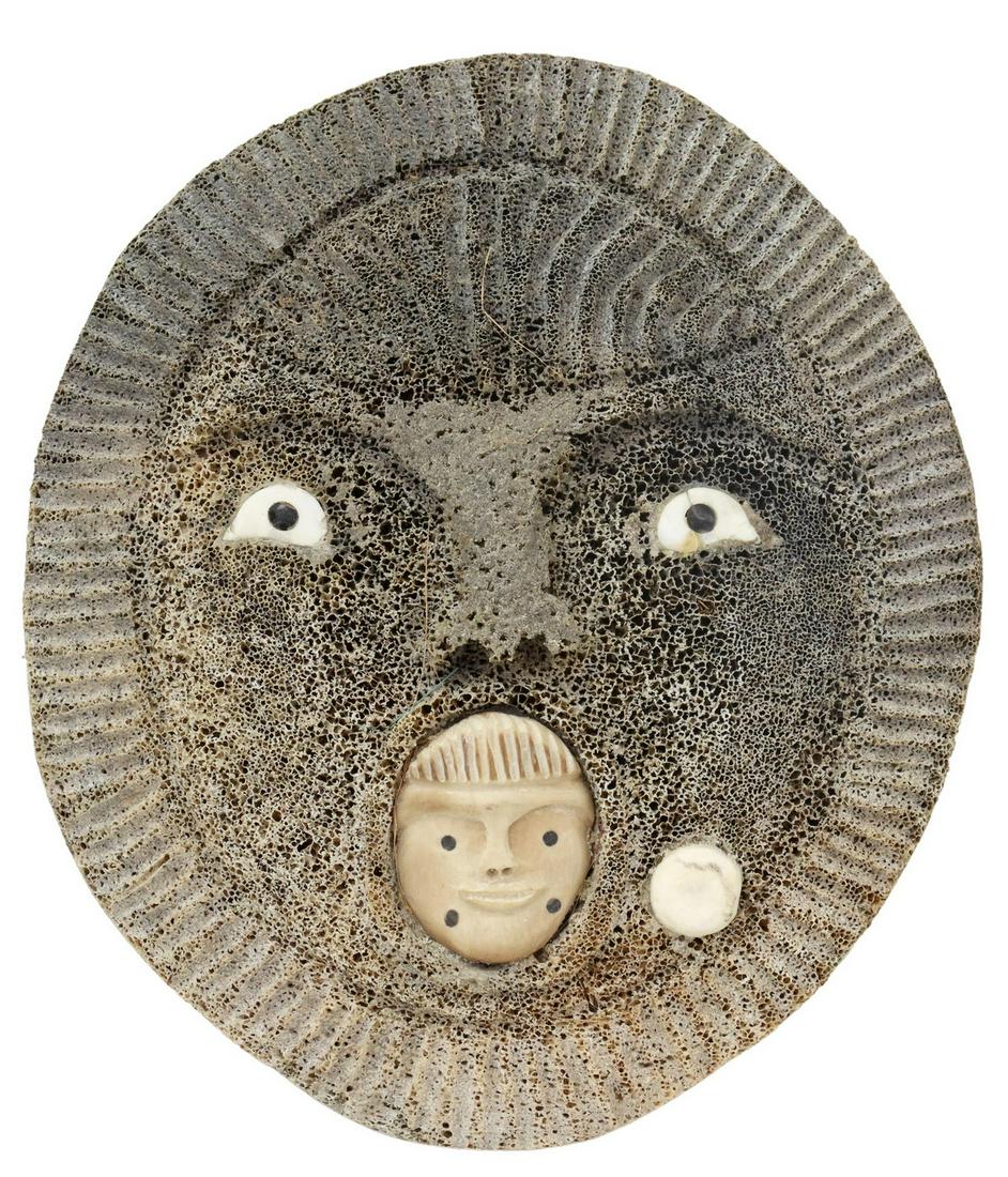 INUIT CARVED FIGURAL WHALEBONE FACE MASK, INLAID (1 of 4)