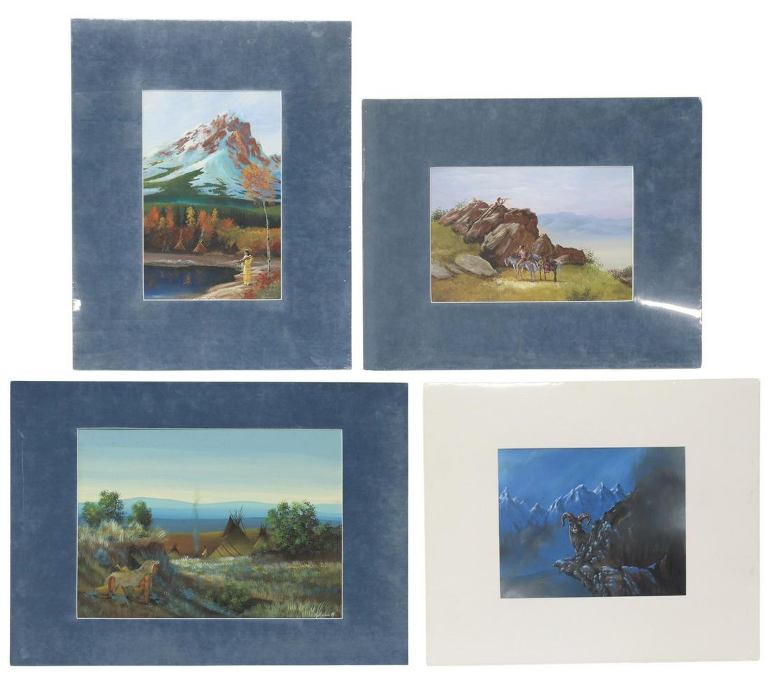 (4) JEFF YELLOWHAIR KIOWA ACRYLIC PAINTINGS: (lot of 4) Unframed acrylic paintings on artist's board, signed lower right J. Yellowhair (Jeff Yellowhair, Kiowa, 20th c.), including: (1) The Scouts, dated 1988, (1) Woman and Child in the Mountains