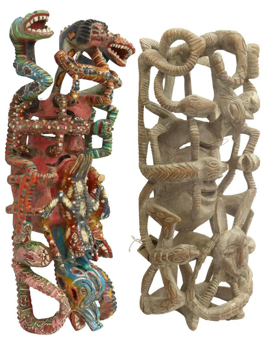 (2) MEXICAN CARVED WOOD WARRIOR MASKS, GUADALAJARA (1 of 3)