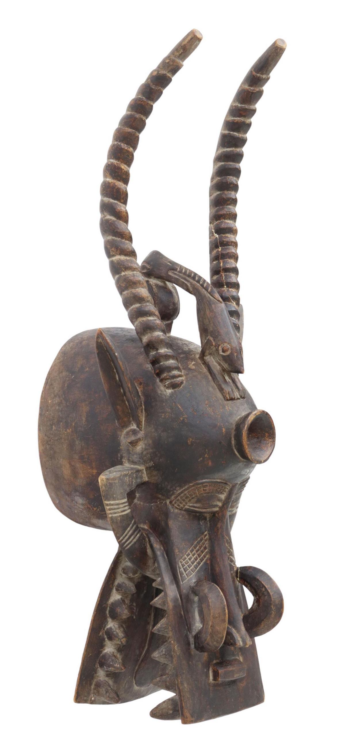 LARGE AFRICAN SENUFO FIRESPITTER HORN MASK, 37.5"L (1 of 4)