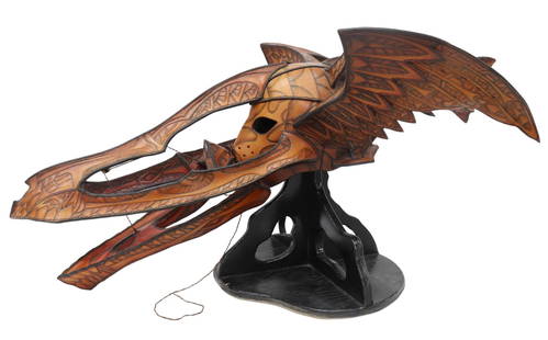 LARGE RICHARD THOMPSON CUSTOM LEATHER MASK: Large figural tooled leather mask, Mythical Creature with Wings, a custom design by Richard Thompson (Mr. Hide Leather of New York), hand carved and dyed, pull string operating the articulated jaw, pr