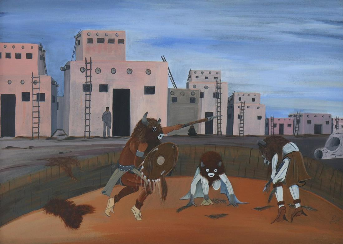 JOHNNY LEE SCOTT HAWKS (B.1934) BUFFALO WARRIORS: Framed gouache painting on board, Buffalo Warriors, signed lower right Hawks (Johnny Lee Scott Hawk, Seminole/ Creek Tribes, Oklahoma, b.1934), dated 1973, sight: 13.5"h, 20"w, overall: 15"h, 21.5"w, 