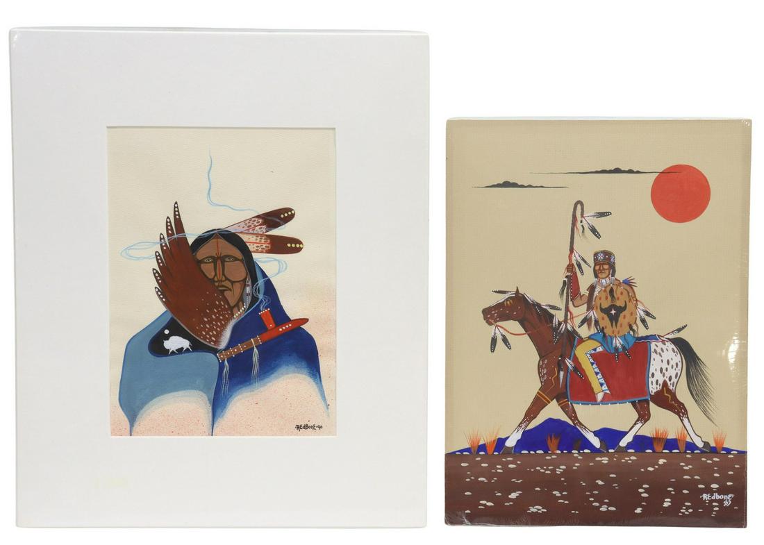 (2) LARRY REDBONE APACHE ACRYLIC PAINTINGS (1 of 5)