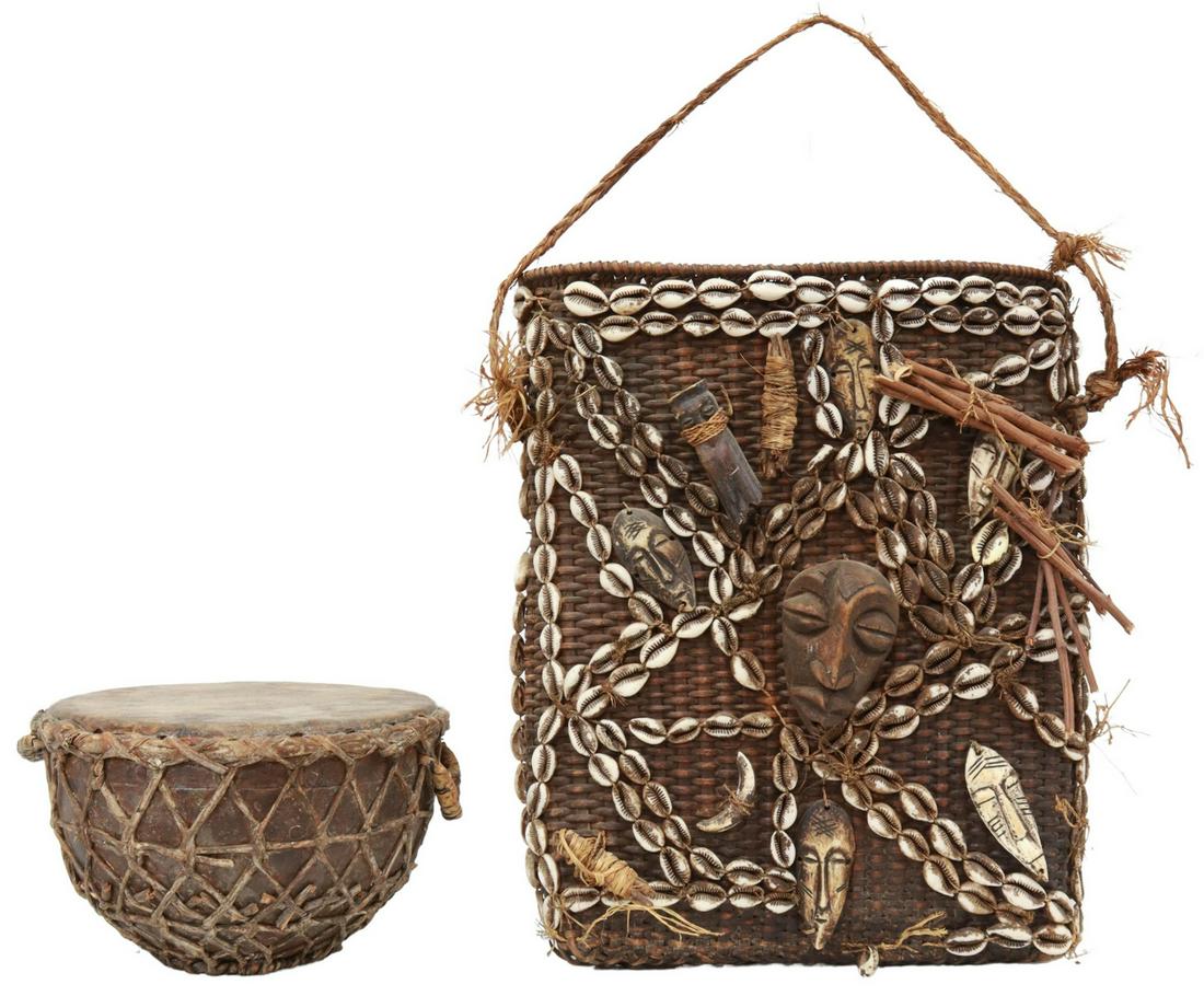 (2) AFRICAN WOVEN ITEMS, DRUM & BASKET (1 of 2)