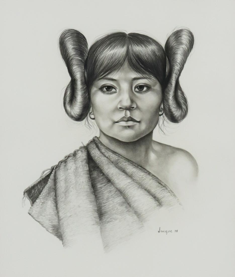 FRAMED NATIVE AMERICAN PENCIL DRAWING HOPI GIRL: Framed pencil drawing on illustration board, "Hopi Girl," signed lower right Jacque, dated 1978, titled verso, sight: approx 16"h, 13.25"w; overall: approx 24.5"h, 21.75"w, 6.5lbs **Provenance: Liquid
