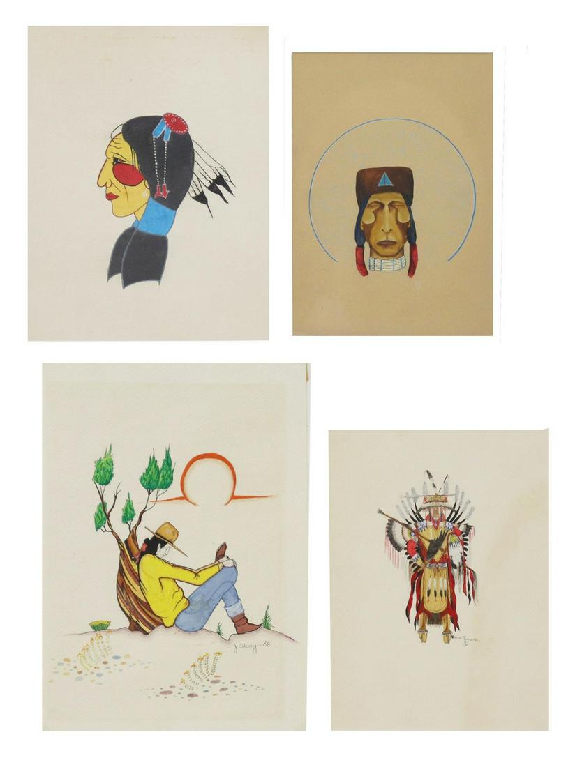 (4) NATIVE AMERICAN PAINTINGS ON PAPER: (lot of 4) Unframed paintings on paper, comprising: (1) watercolor, signed lower right Gary Tomahsah; (1) watercolor, signed lower right J. Skacy, dated 1968; (1) gouache, signed lower left Hawk, date
