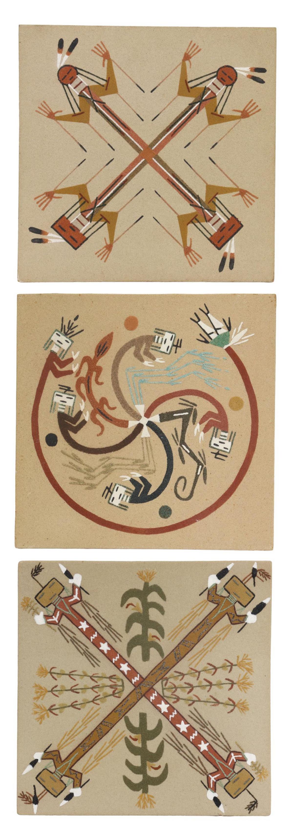 (3) NATIVE AMERICAN NAVAJO SAND PAINTINGS: (lot of 3) Unframed Native American Navajo sand paintings, comprising: (1) "The Seed Blessing," signed verso Rena Marie Etsitty, Arizona; (1) "Whirling Rainbows," signed verso Yazzie, Sheep Springs, N