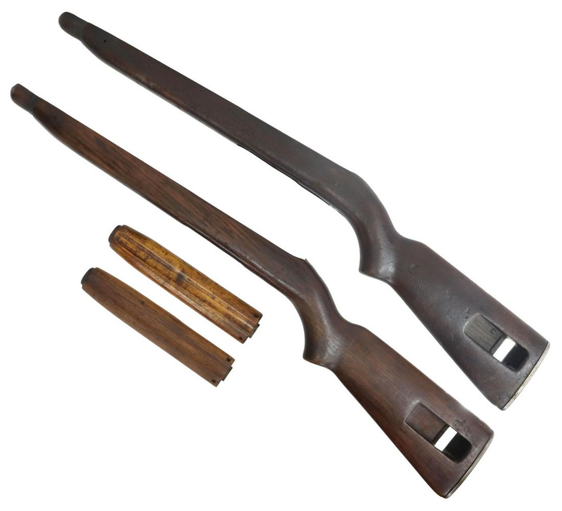 (2) U.S. M1 CARBINE STOCKS & HANDGUARDS ONLY: (lot of 2) U.S. M1 Carbine stocks with hand guards, both with barrel band retaining springs and butt plates, one with recoil plate, one with National Postal Meter stamp, one with mostly obscured Inlan