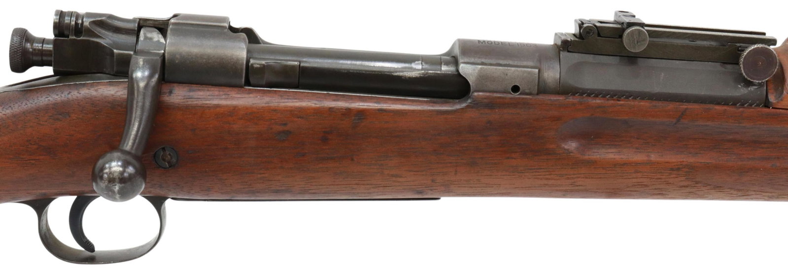 U.S. ROCK ISLANAD ARSENAL M1903 RIFLE, WWII BARREL: U.S. Rock Island Arsenal Model 1903 rifle, mfg. 1918, bolt action, .30-06 caliber, 24" barrel, fixed front sight, the Remington replacement barrel marked "RA, flaming bomb over 10-42" for WWII use, ad