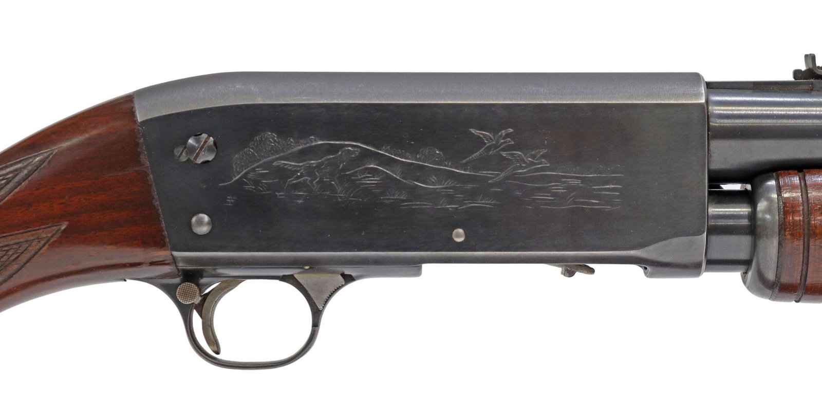 ITHACA 37 SHOTGUN 12 GAUGE TWO BARRELS, DEERSLAYER: Ithaca Model 37 Featherlight slide action shotgun, c. 1949, 12 gauge, 14" LOP, two barrels with 2.75" chambers: (1) 27.5" modified choke, bead front sight: (1) 25.5" Deerslayer smooth bore for slugs,