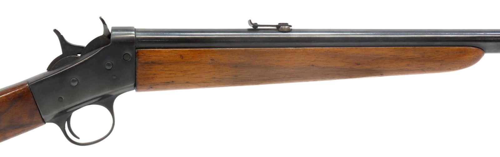 REMINGTON MODEL4 ROLLING BLOCK TAKE DOWN RIFLE .32: Remington New Model 4 Rolling Block take down rifle, .32 S, LR caliber, 22" round barrel, iron front sight, adjustable rear sight, hardwood stock, bright bore, our opinion metal is 95%, possibly re-bl